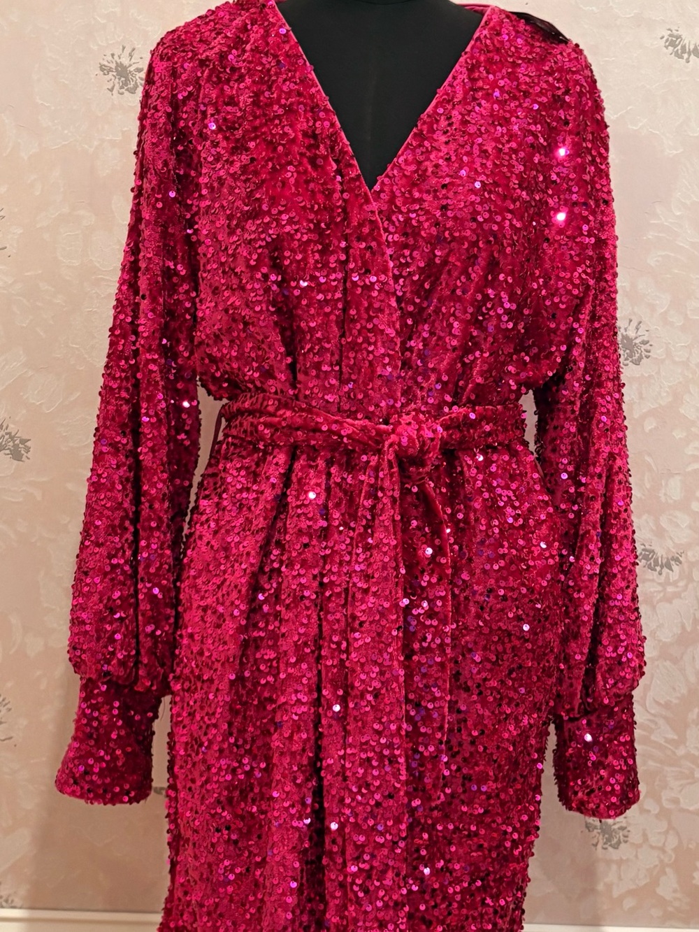 Boohoo Hot Pink Sequin Wrap Dress with Self-Tie Belt